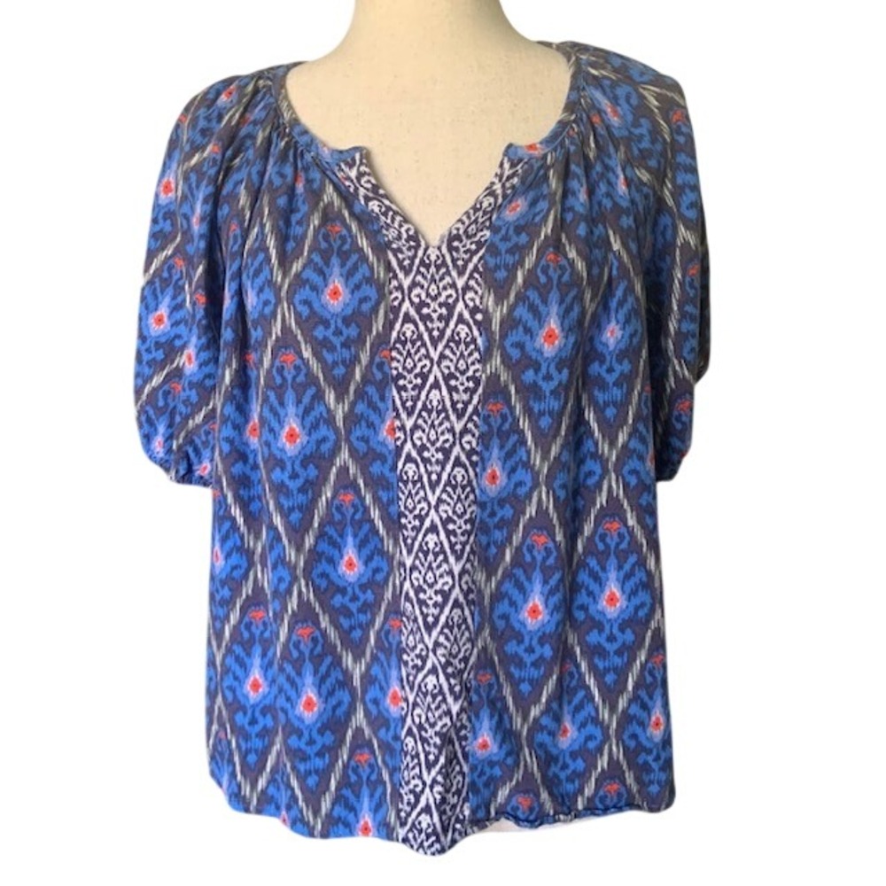 Line & Dot Boho Western Peasant Blouse Top M Orchard Blue Ikat Linen Blend